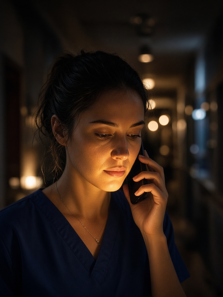 A healthcare assistant in a night corridor, taking a call from the agency